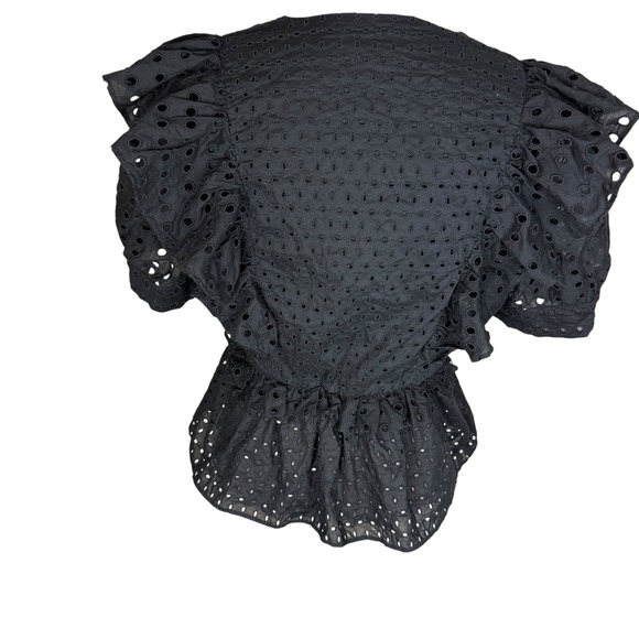 J. Crew Eyelet Ruffle Wrap Top Black Short Sleeve Blouse Size Medium - Picture 2 of 9